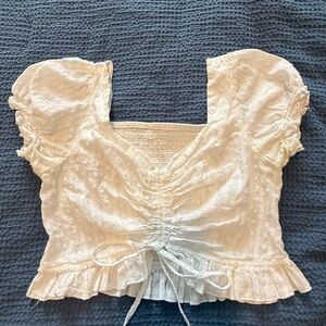 SHEIN Cream Ruched Ruffled Blouse